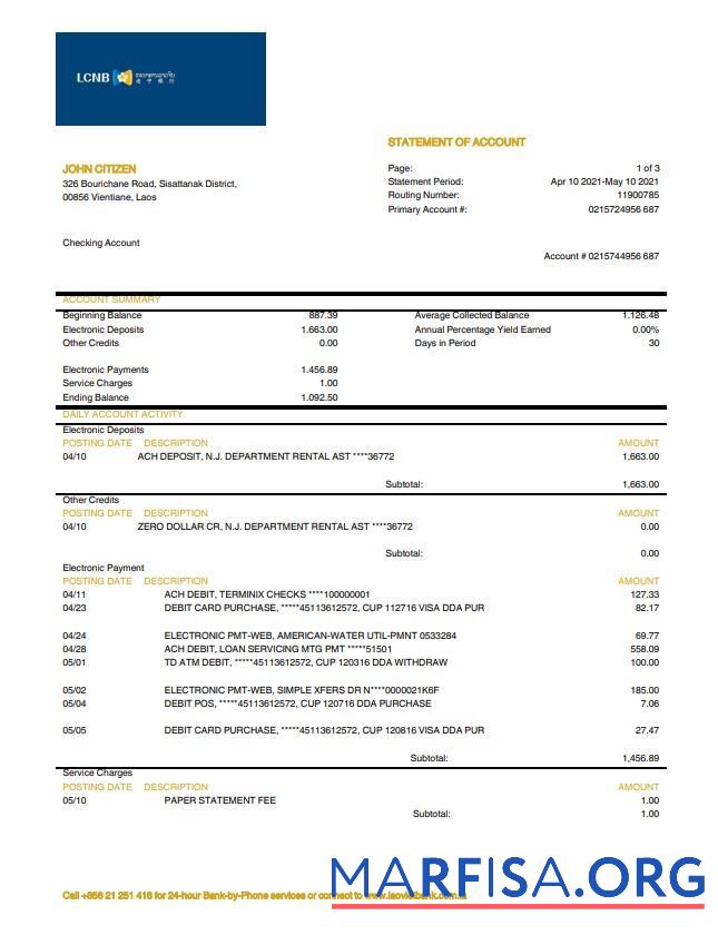 Printable Laos LCNB bank statement word real example